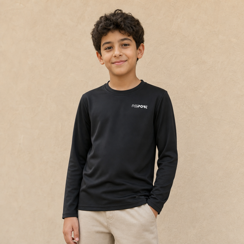 Boys Long Sleeve Performance Sports Top - BLACK - on model