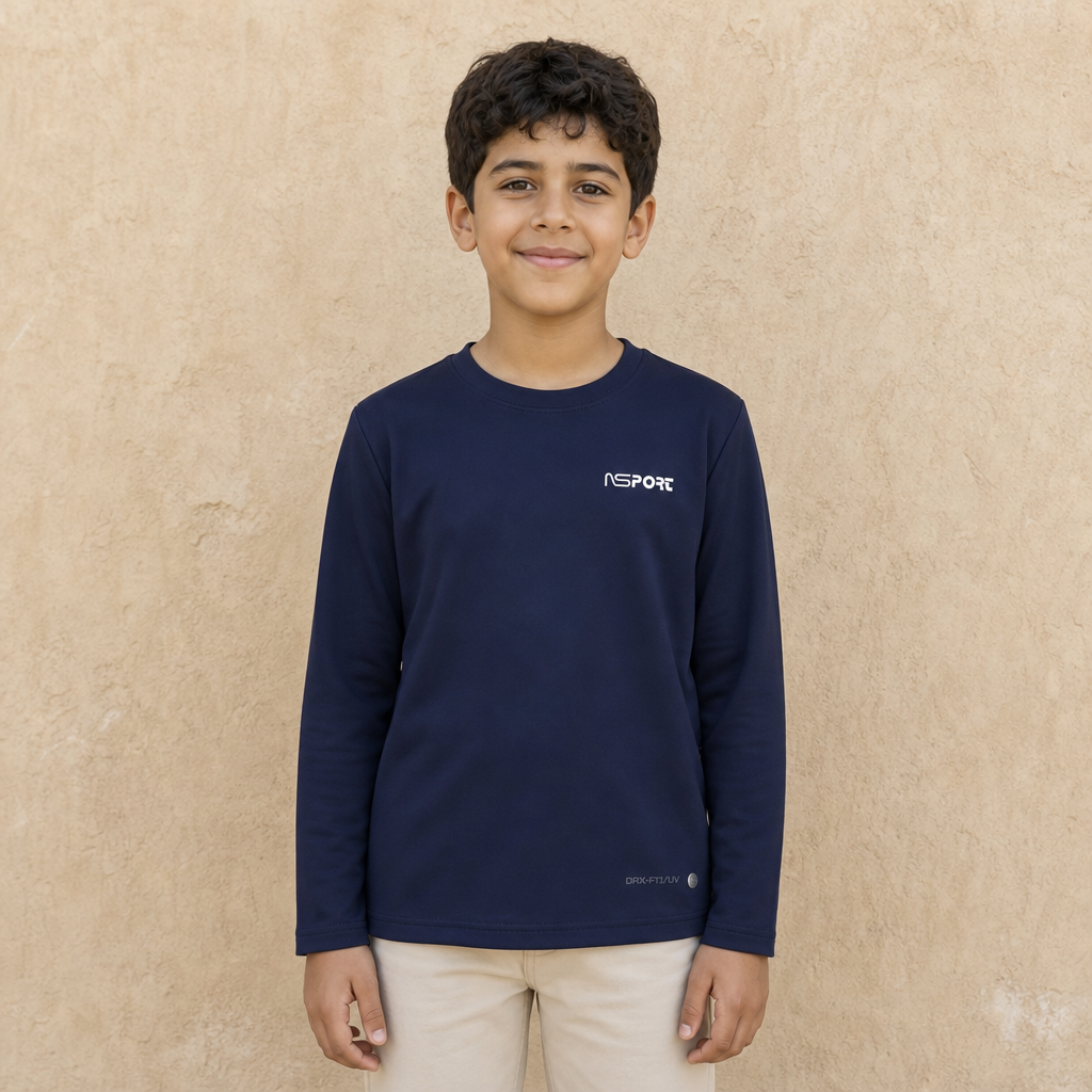 Boys Long Sleeve Performance Sports Top - DK.BLUE - on model