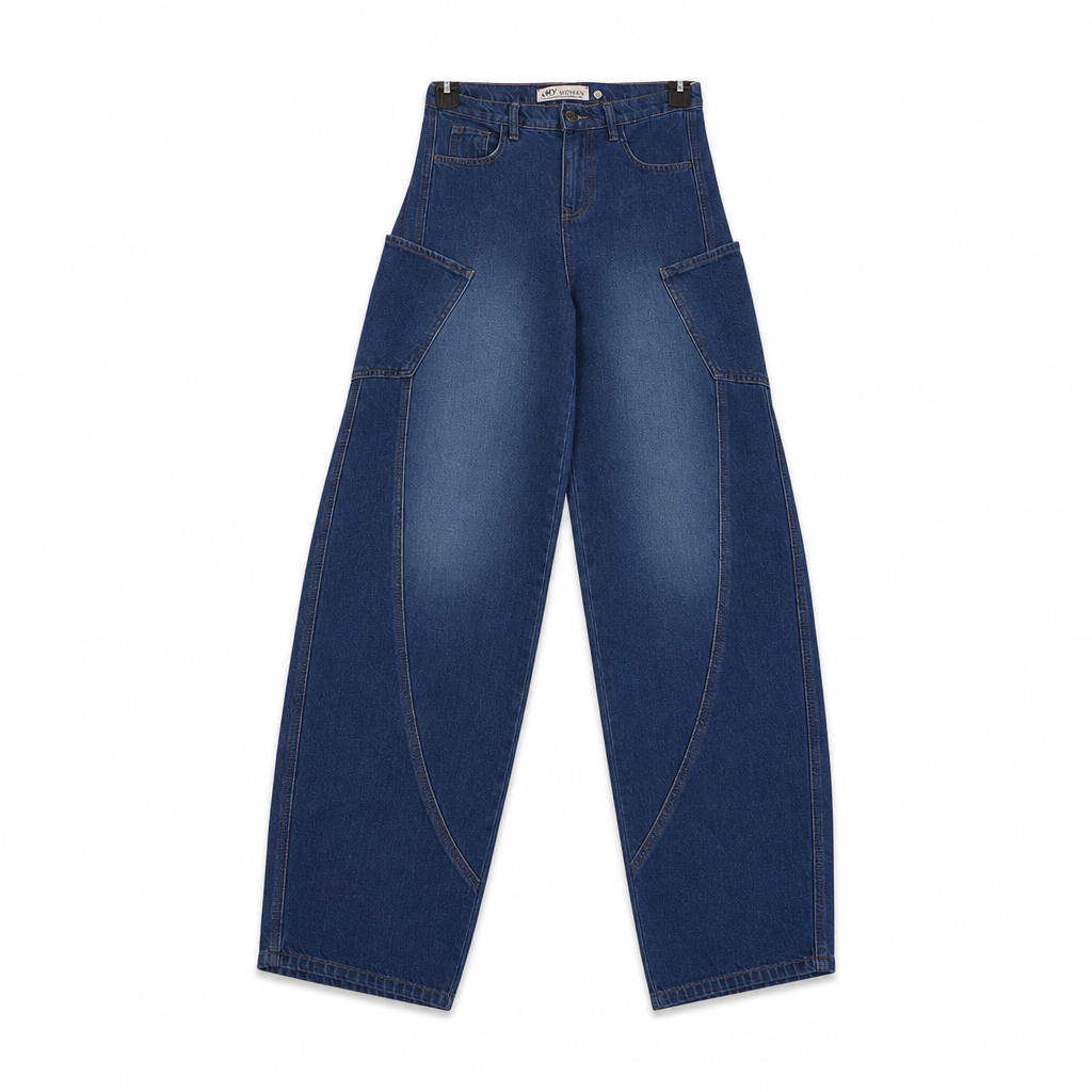 Women Mid Curved Seam Wide Leg Jeans - DK.BLUE