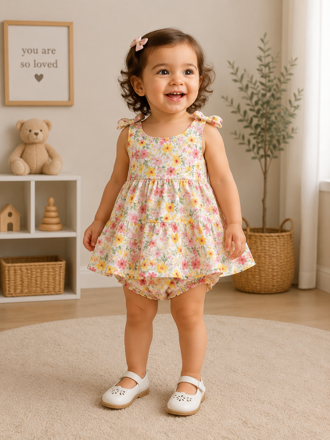 Floral Tiered Sleeveless Dress With Matching Bloomers