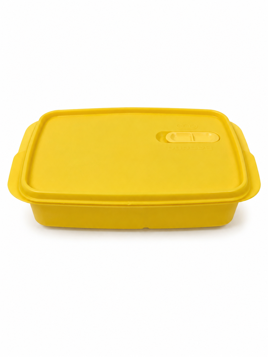 Rectangular food container with secure lid and steam vent