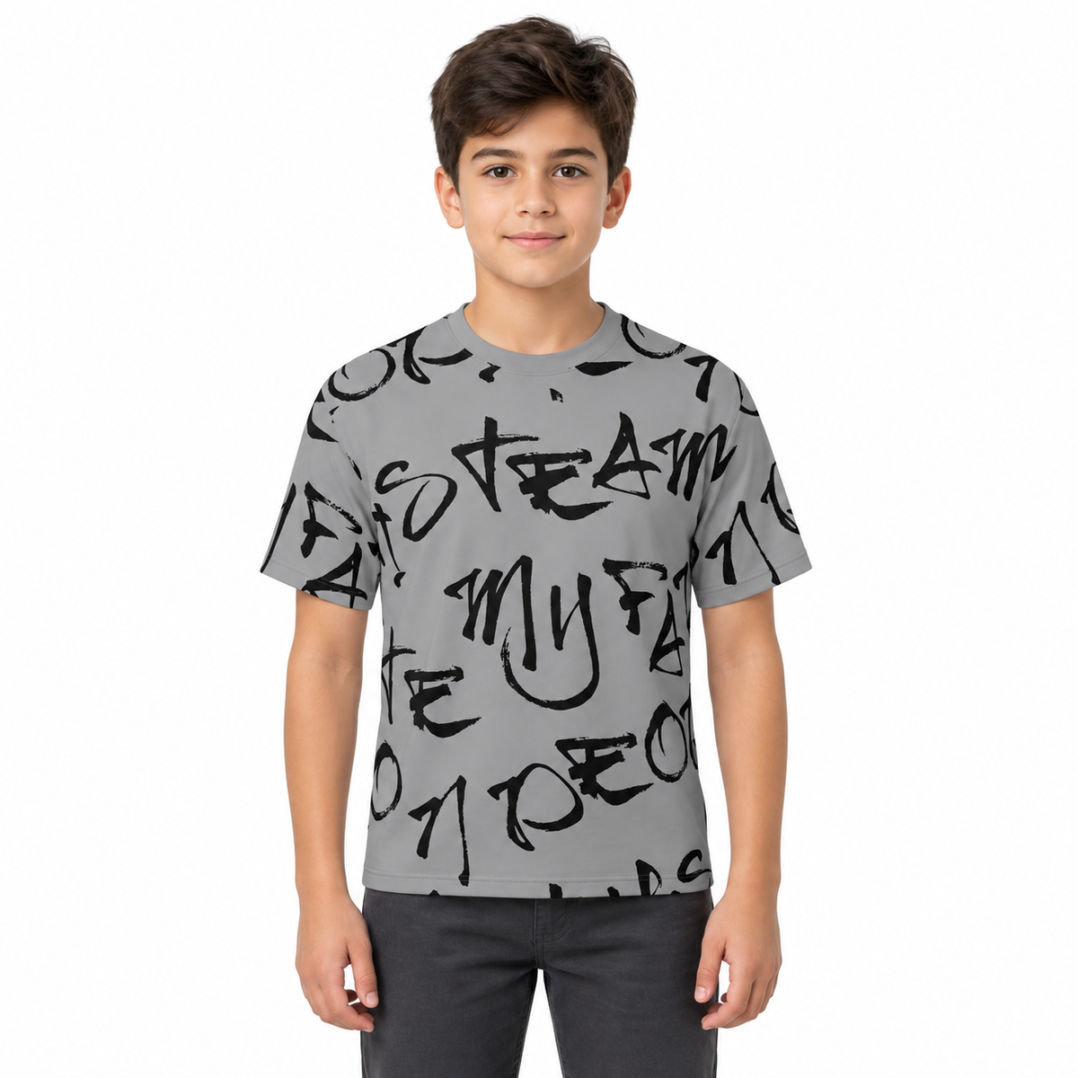 Boy Short Sleeve T Shirt With Allover Slogan Print