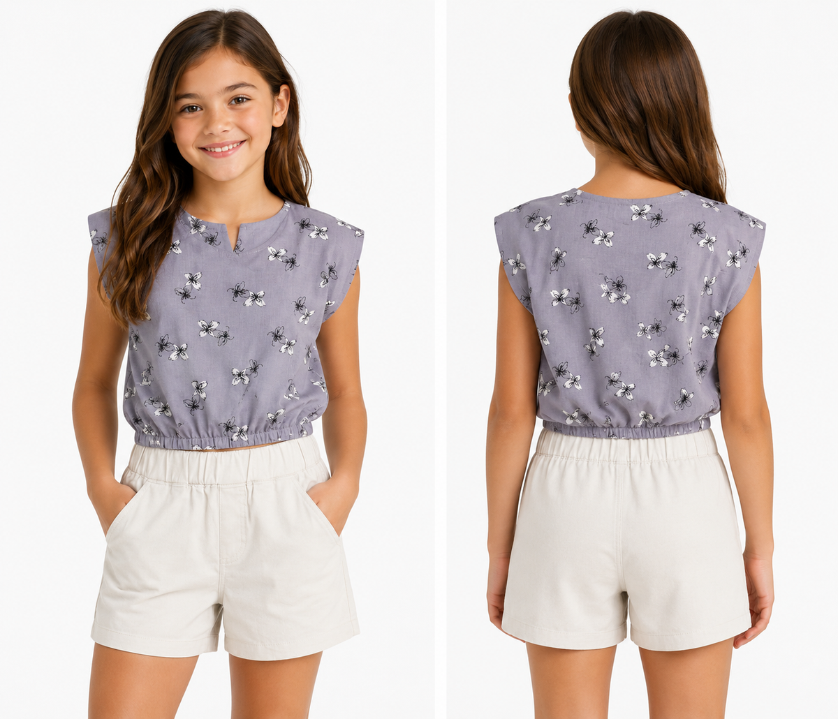 Girls Floral Print Blouse And Shorts Set