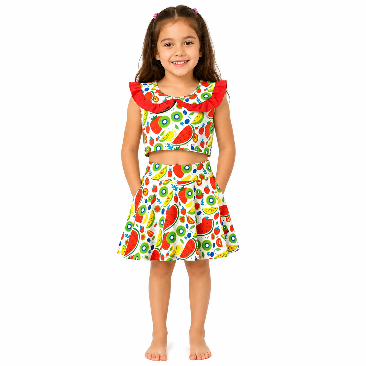 Girls Fruit Print Ruffle Collar Sleeveless Top And Skirt Set