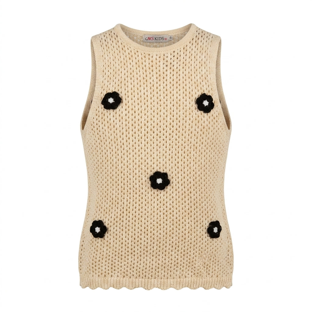 Girls Knitted Sleeveless Top And Pants Set With Floral Appliqués