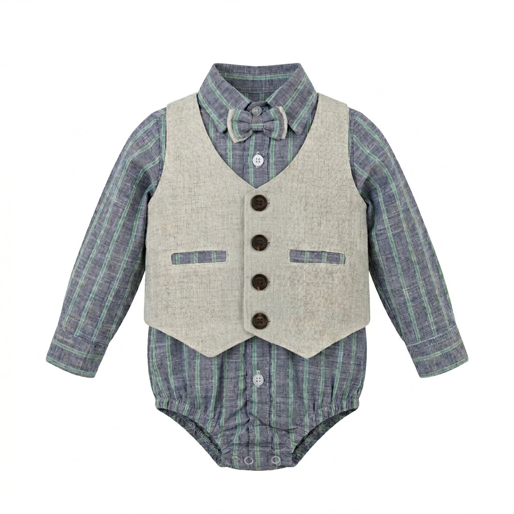 Boys 4 Piece Formal Outfit Set With Striped Bodysuit And Trousers