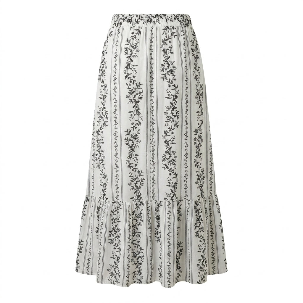 Women Floral Stripe Button Front Midi Skirt