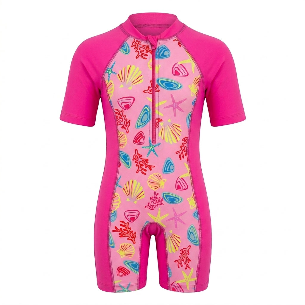 Girls Short Sleeve Printed Swim Suit With Front Zip