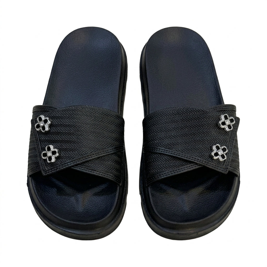 Textured Slip On Slides With Crystal Floral Embellishment