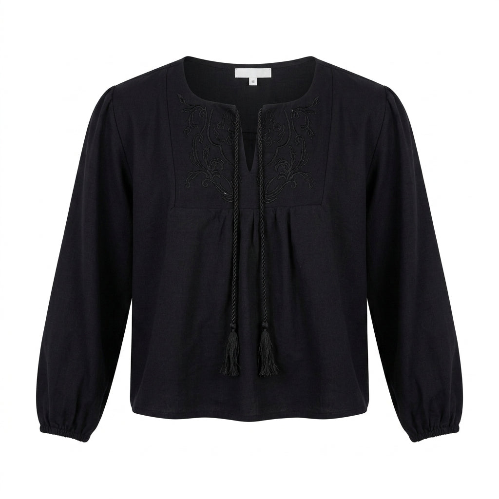 Embroidered Tassel Tie Blouse