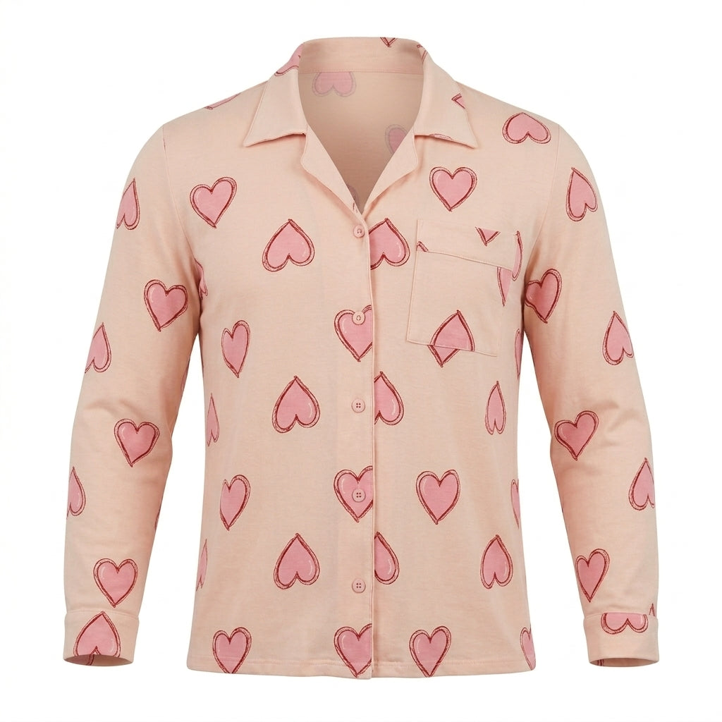Women Heart Print Long Sleeve Pajama Set