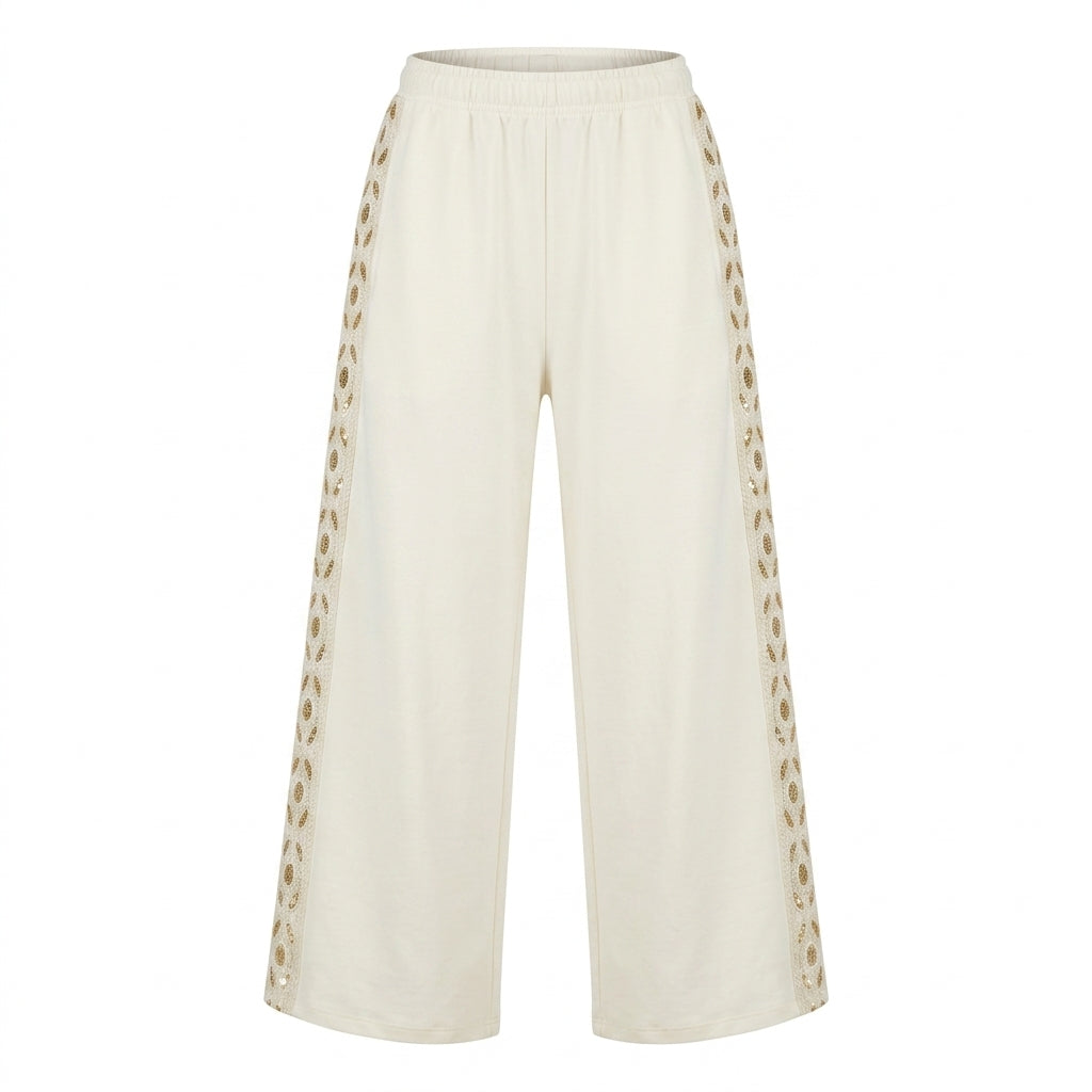 Women Wide Leg Pants With Embellished Lace Side Panels