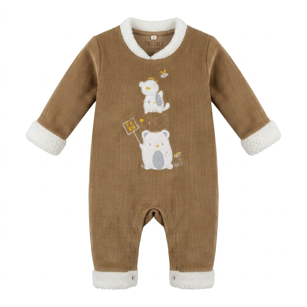 Two Girls Baby Ribbed Plush Trim Romper Cinnamon
