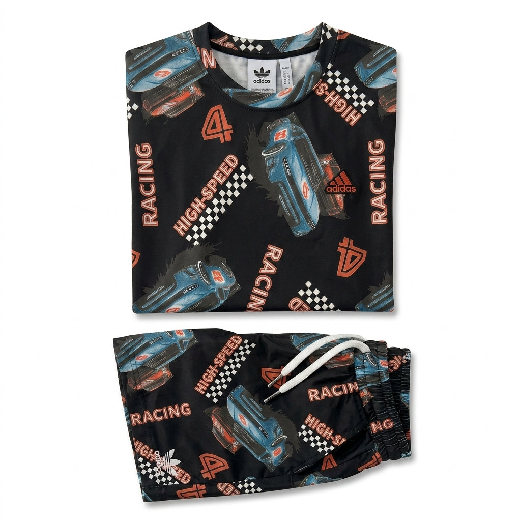 Kids Racing Print T Shirt And Shorts Set