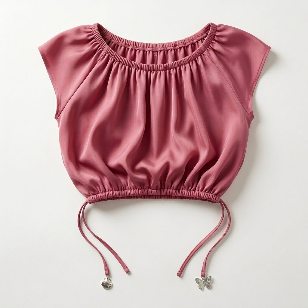 Casual Rose Ruched Crop Top With Side Tie