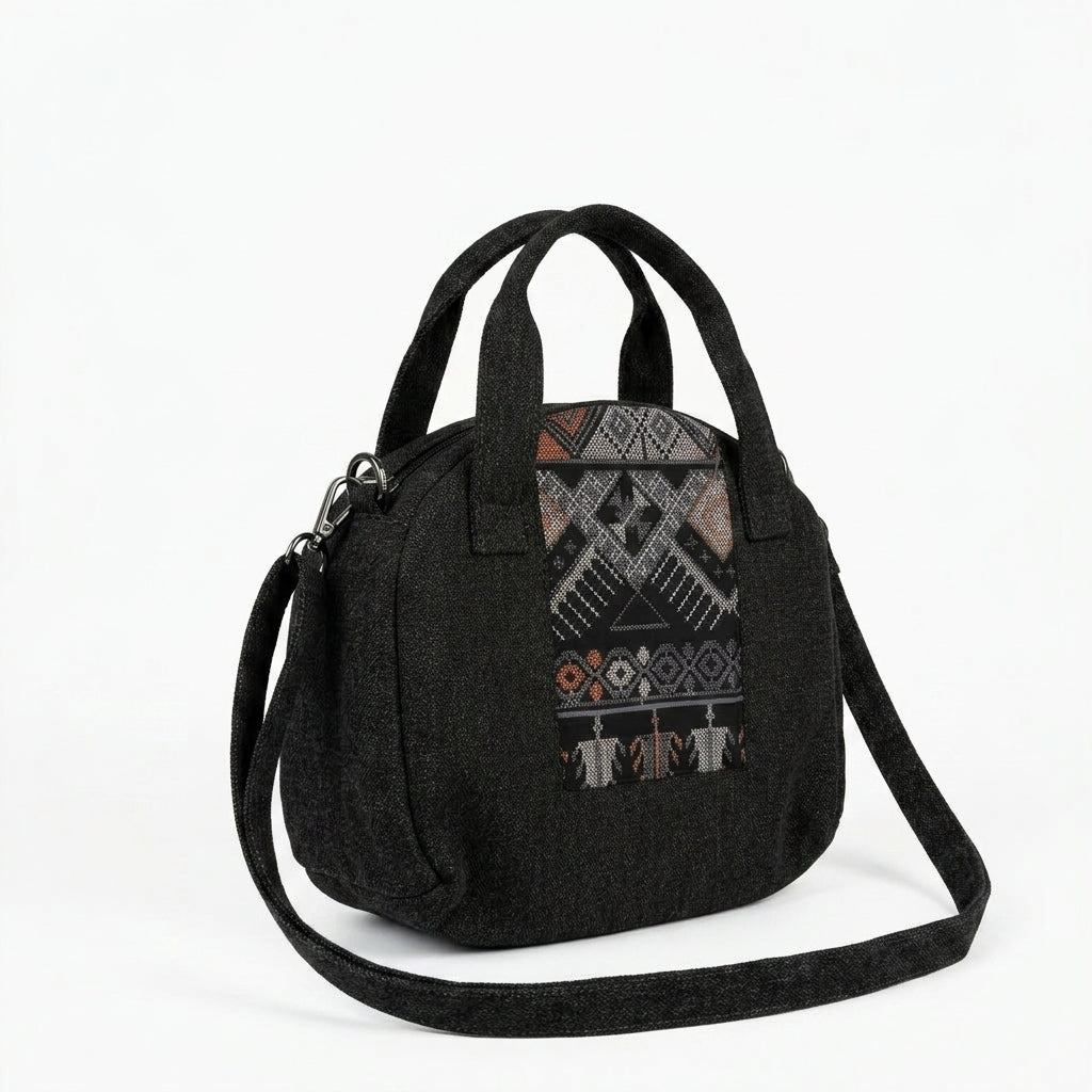 Textured Handbag With Ethnic Woven Front Panel