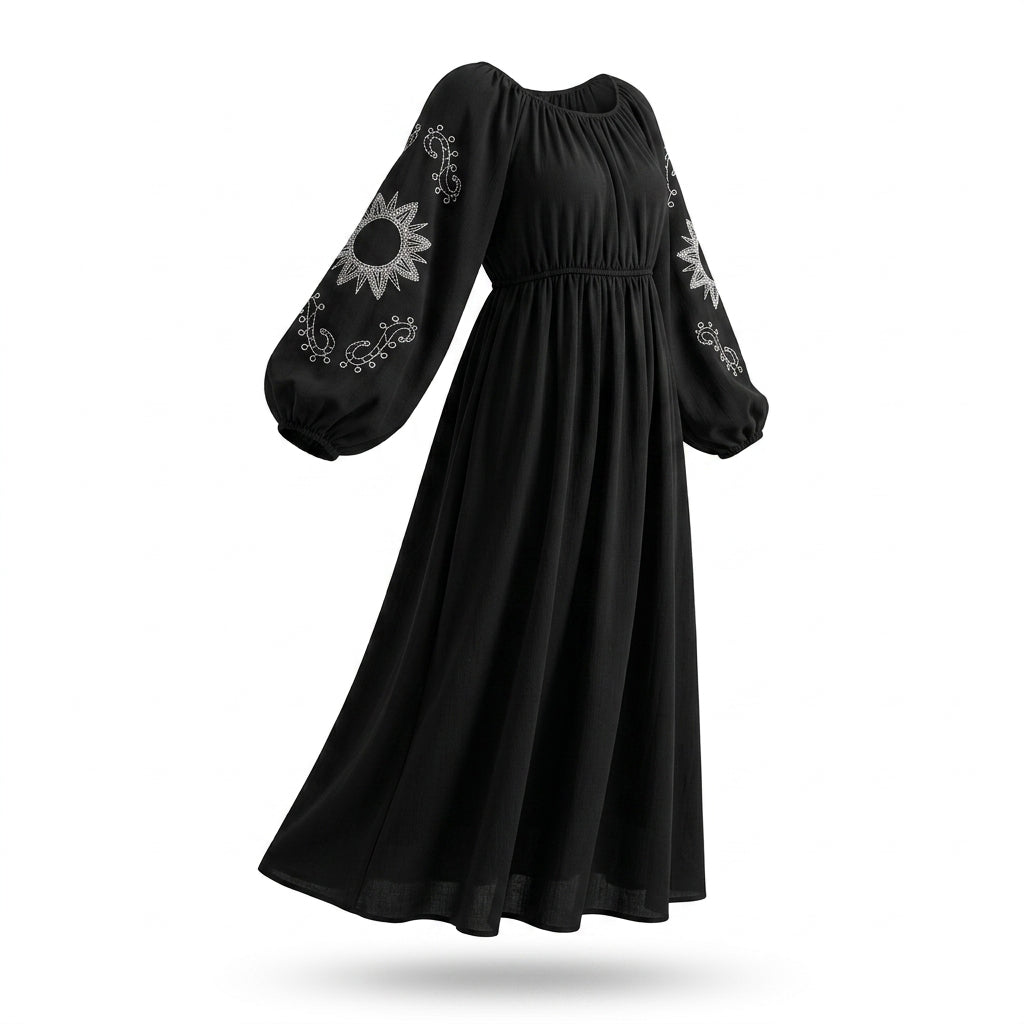 Casual Embroidered Balloon Sleeve Midi Dress