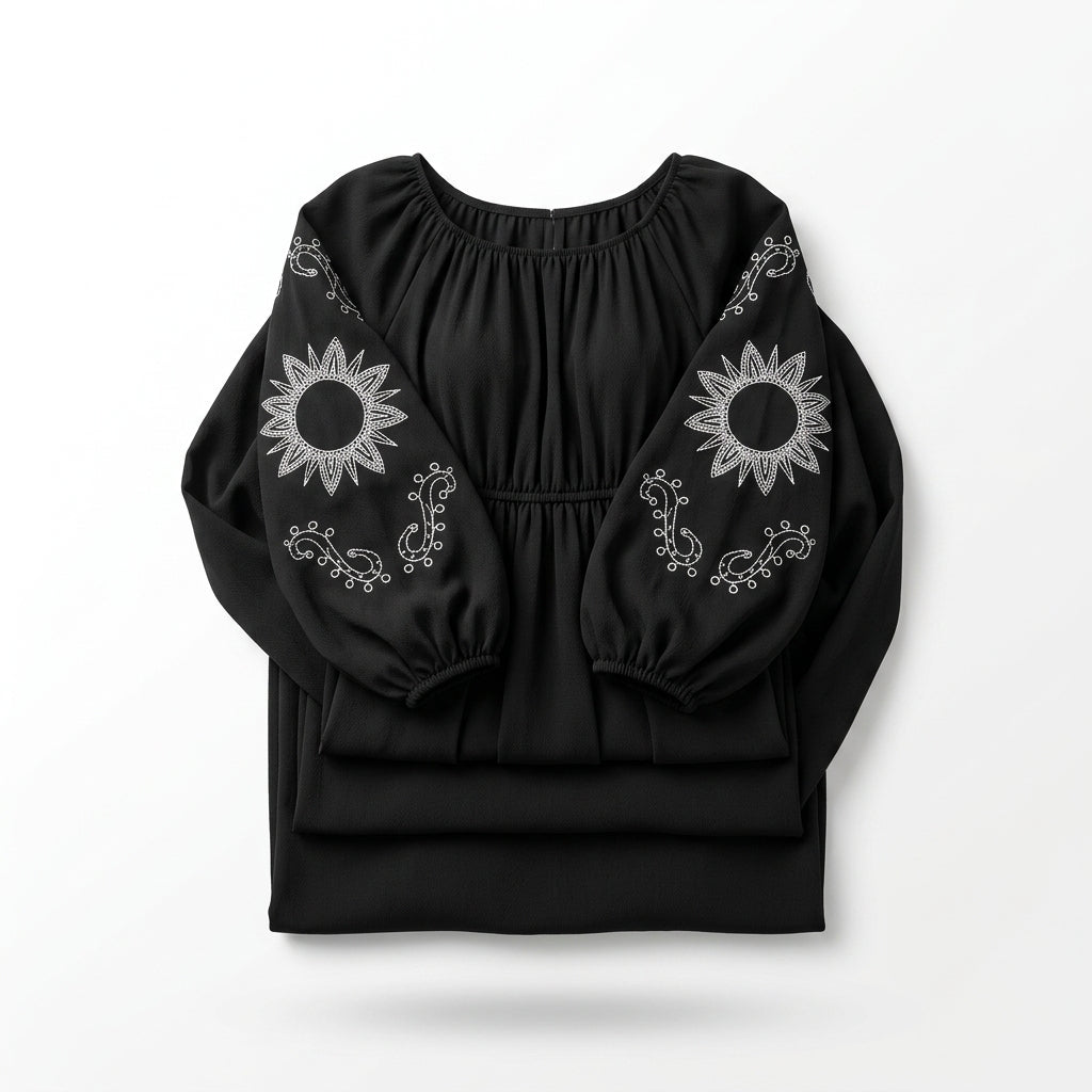 Casual Embroidered Balloon Sleeve Midi Dress