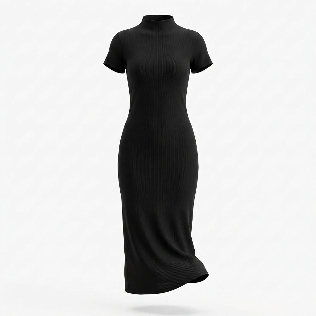 Casual Ribbed Mock Neck Short Sleeve Maxi Dress