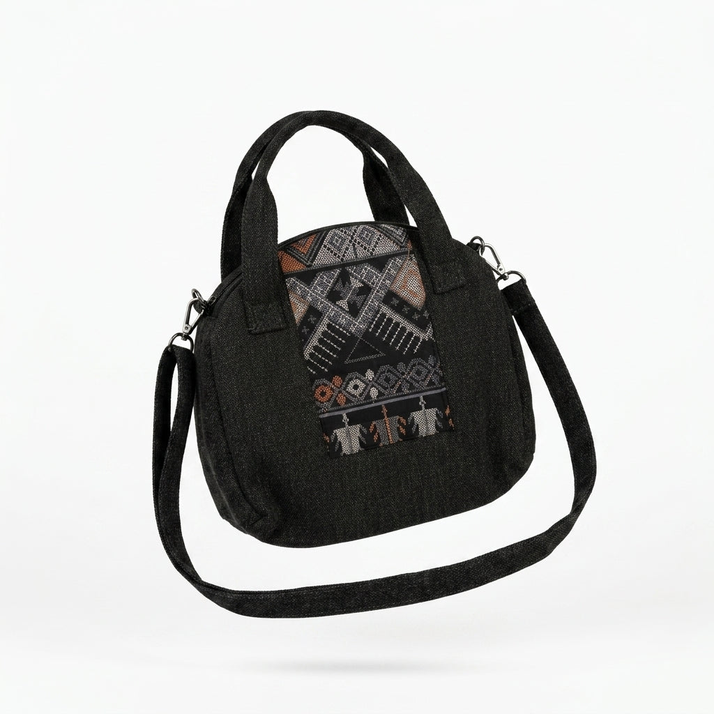 Textured Handbag With Ethnic Woven Front Panel