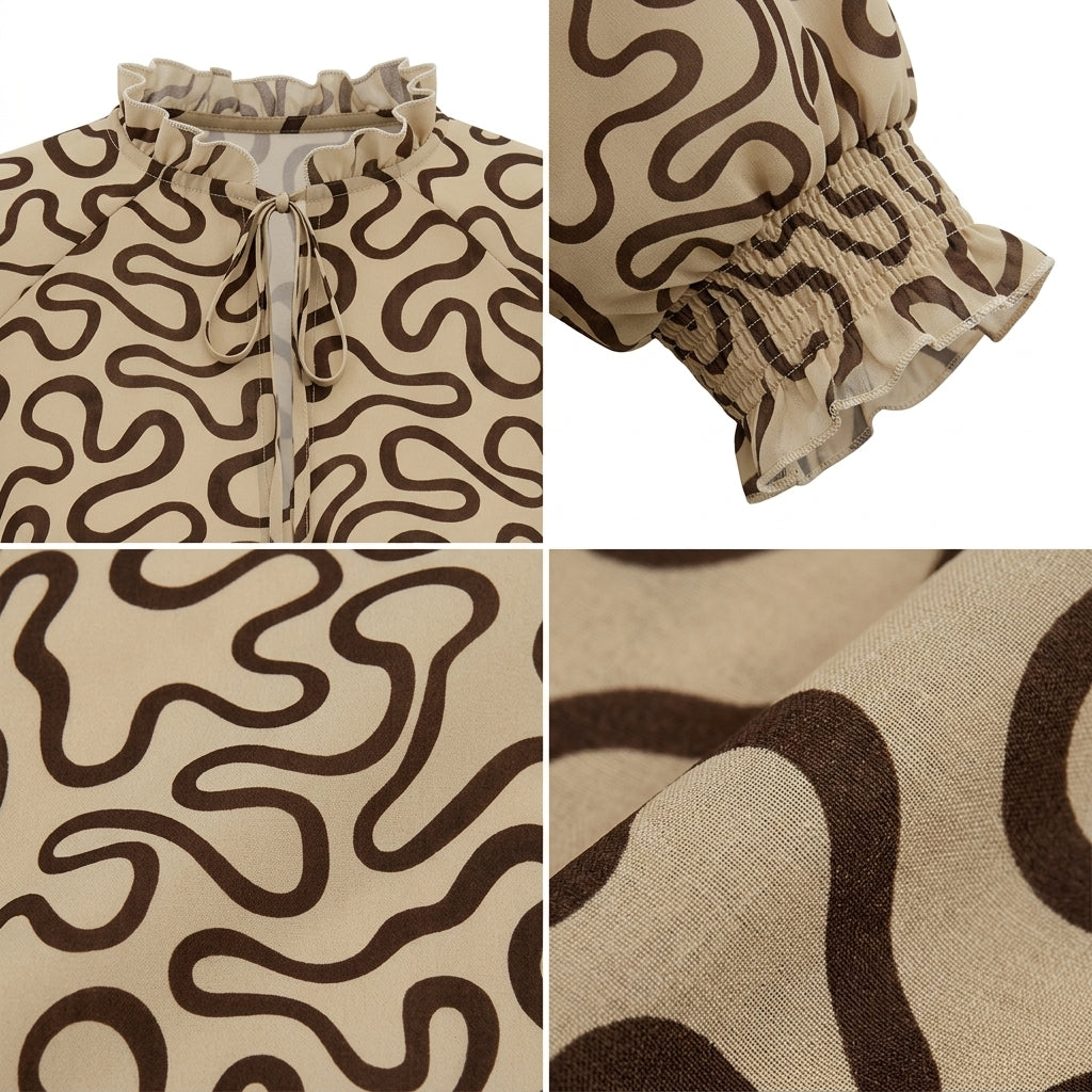 Abstract Print Blouse With Tie Neck