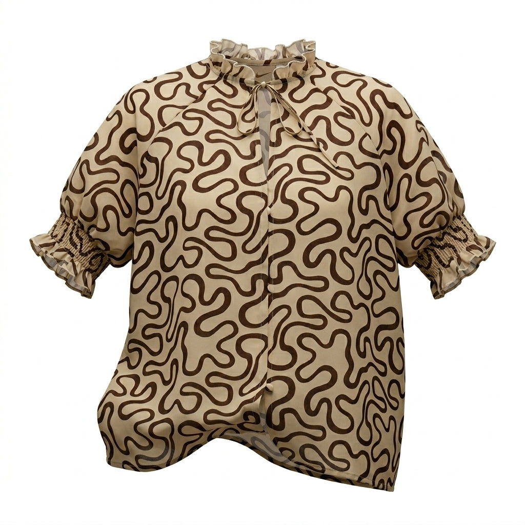 Abstract Print Blouse With Tie Neck