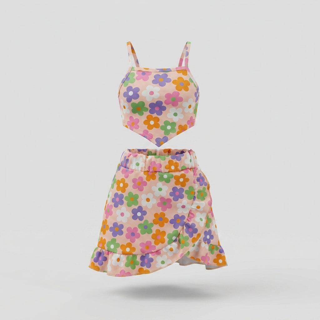 Girls Floral Print Cami Top And Wrap Skirt Set