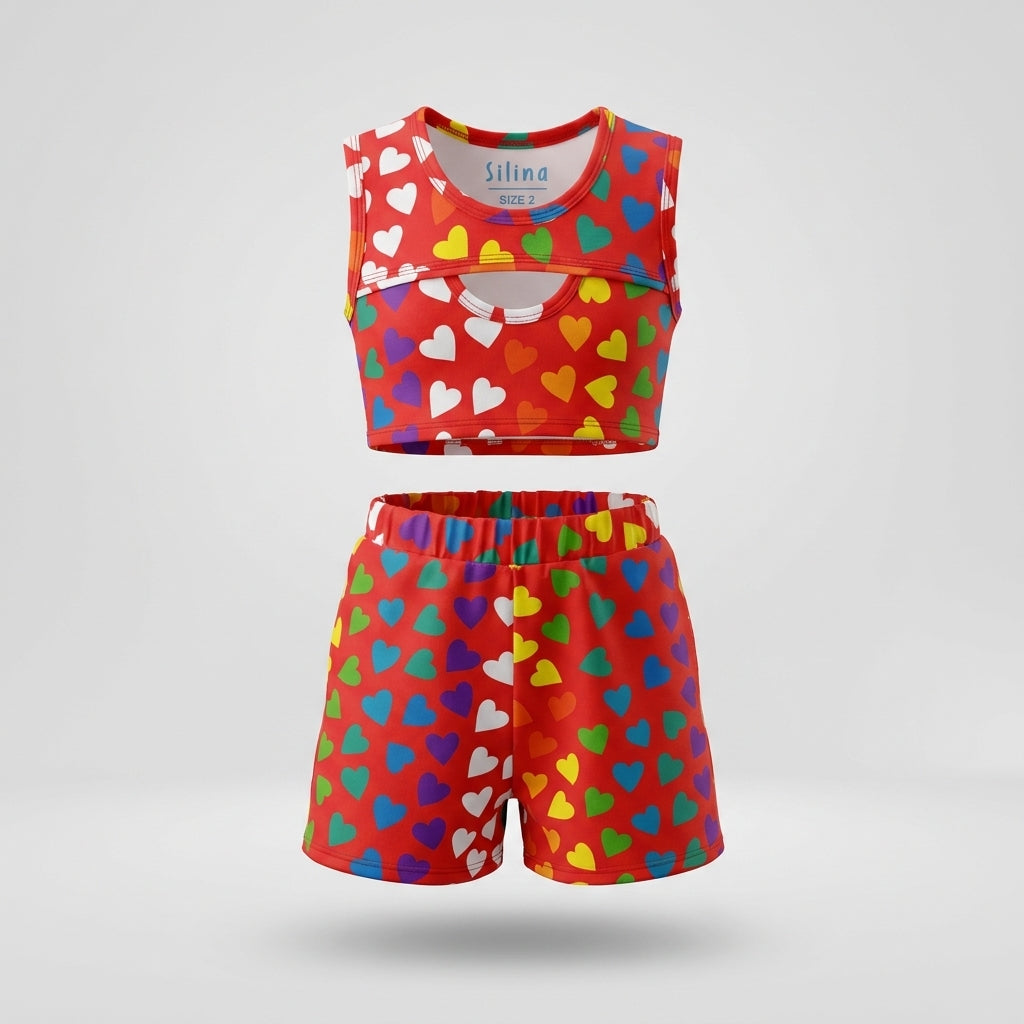 Girls Heart Print Sleeveless Top And Shorts Set