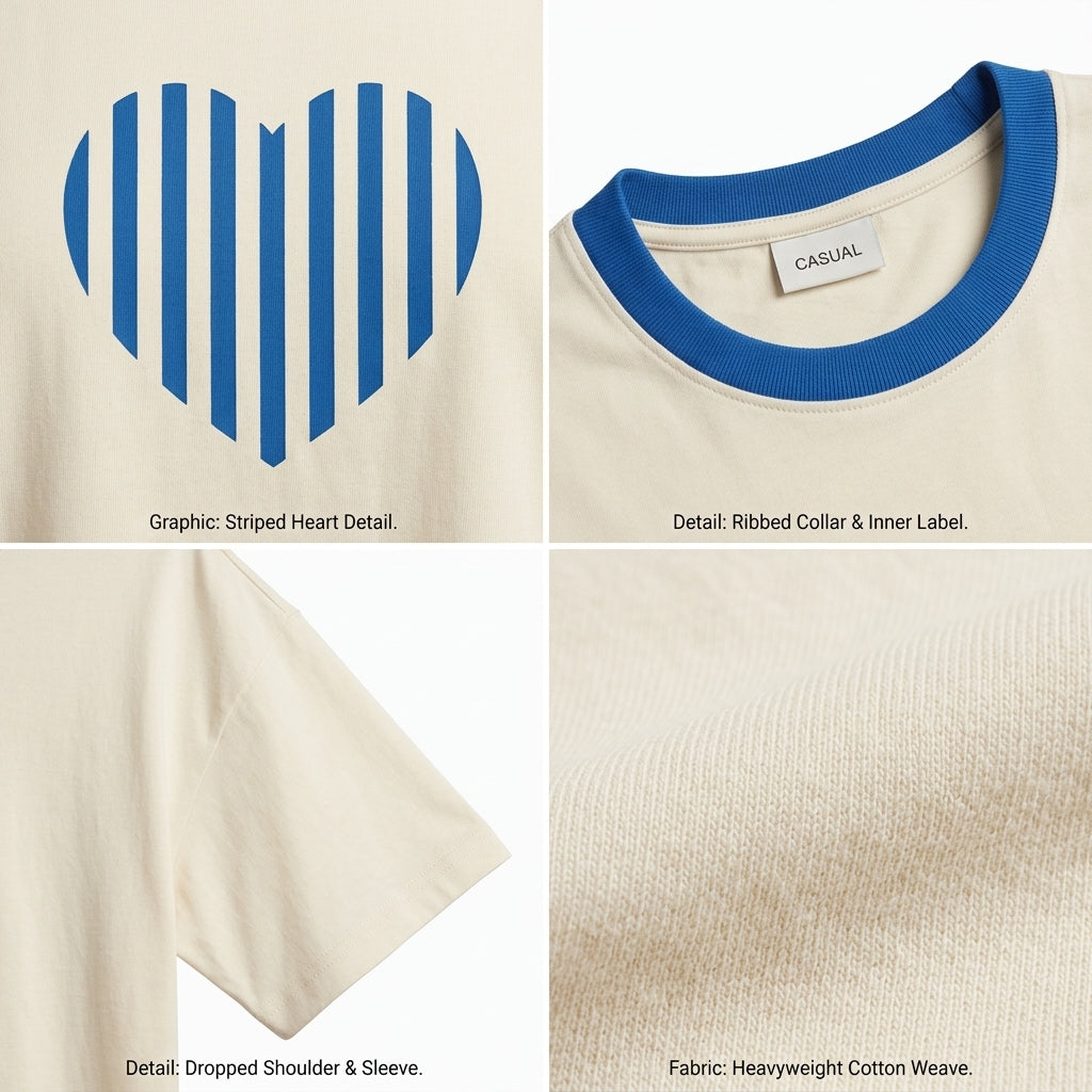 Casual Heart Print Contrast Trim Short Sleeve T Shirt