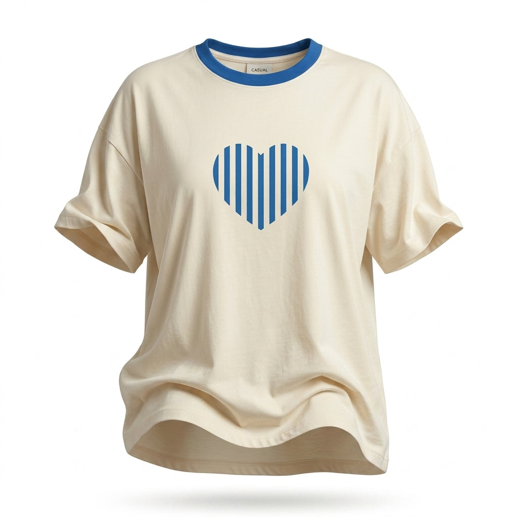 Casual Heart Print Contrast Trim Short Sleeve T Shirt