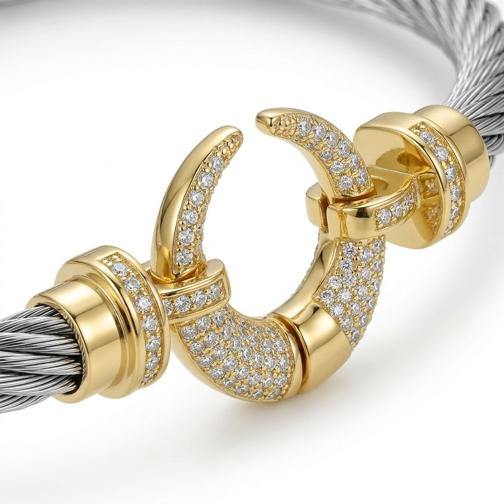 Women Two Tone Twisted Cable Cuff Bracelet With Pavé Clasp