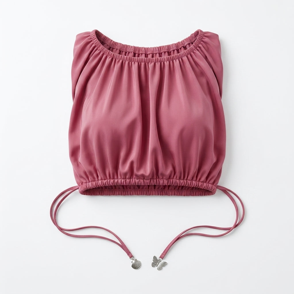 Casual Rose Ruched Crop Top With Side Tie