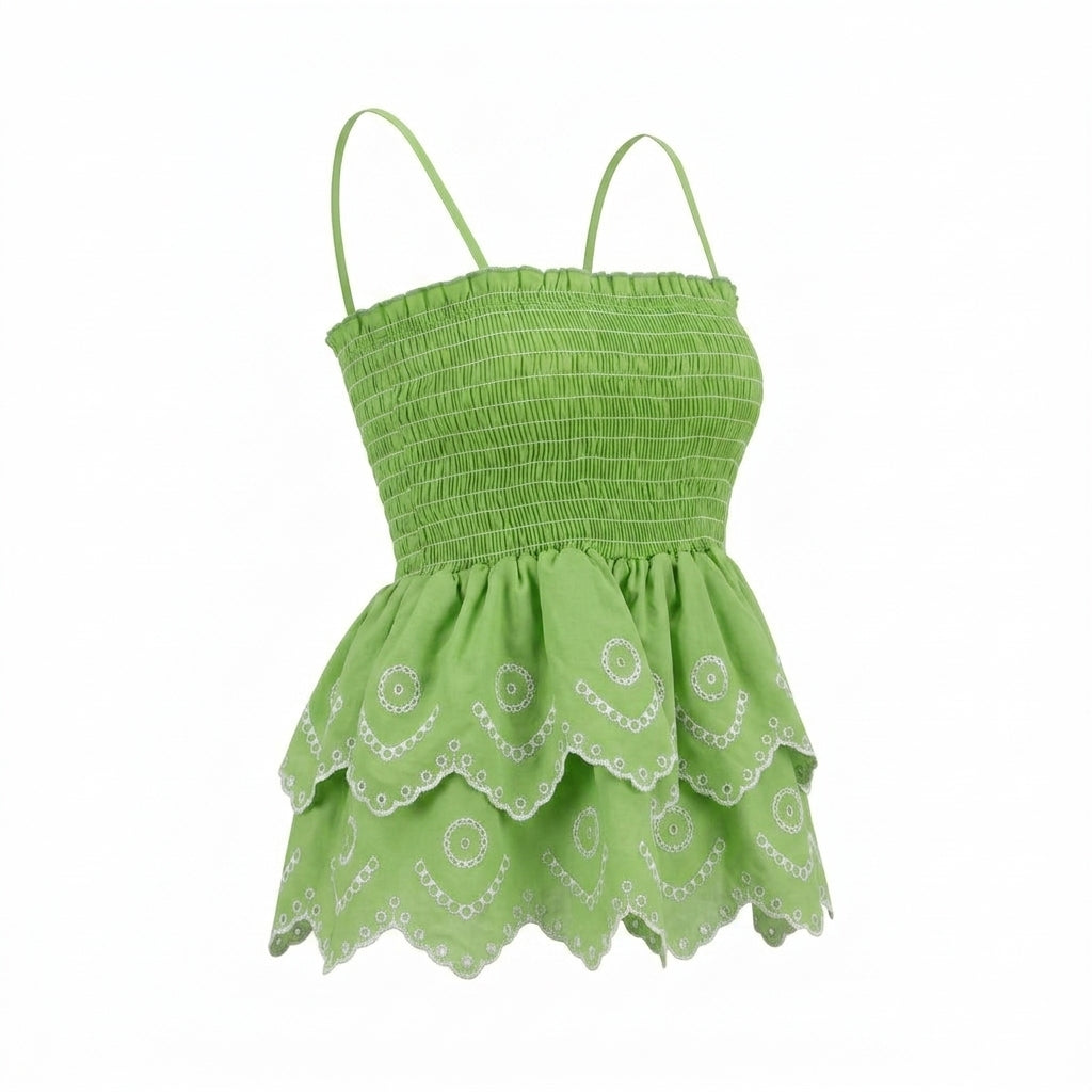 Casual Smocked Tiered Camisole Top With Embroidered Eyelet