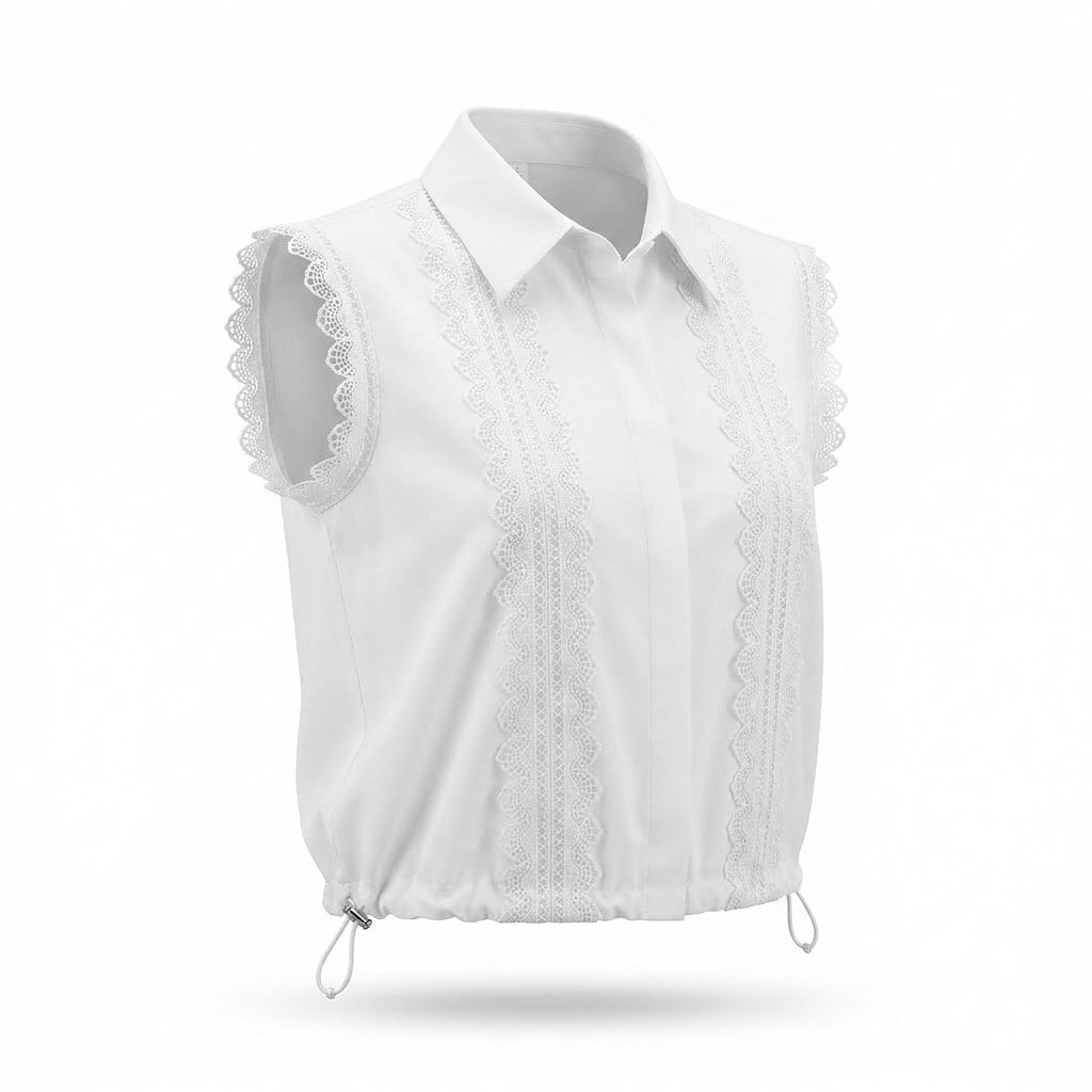 Women Lace Trim Sleeveless Collared Blouse