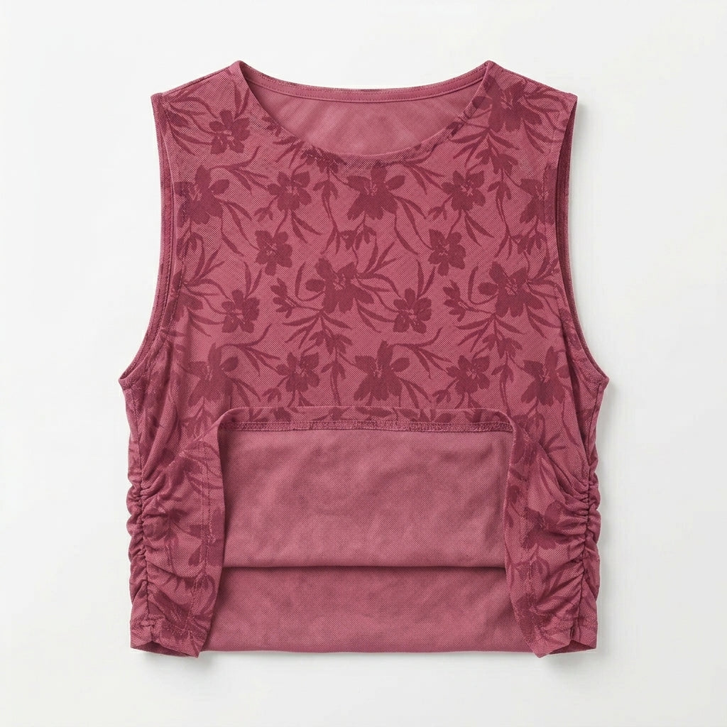 Casual Floral Mesh Ruched Sleeveless Top