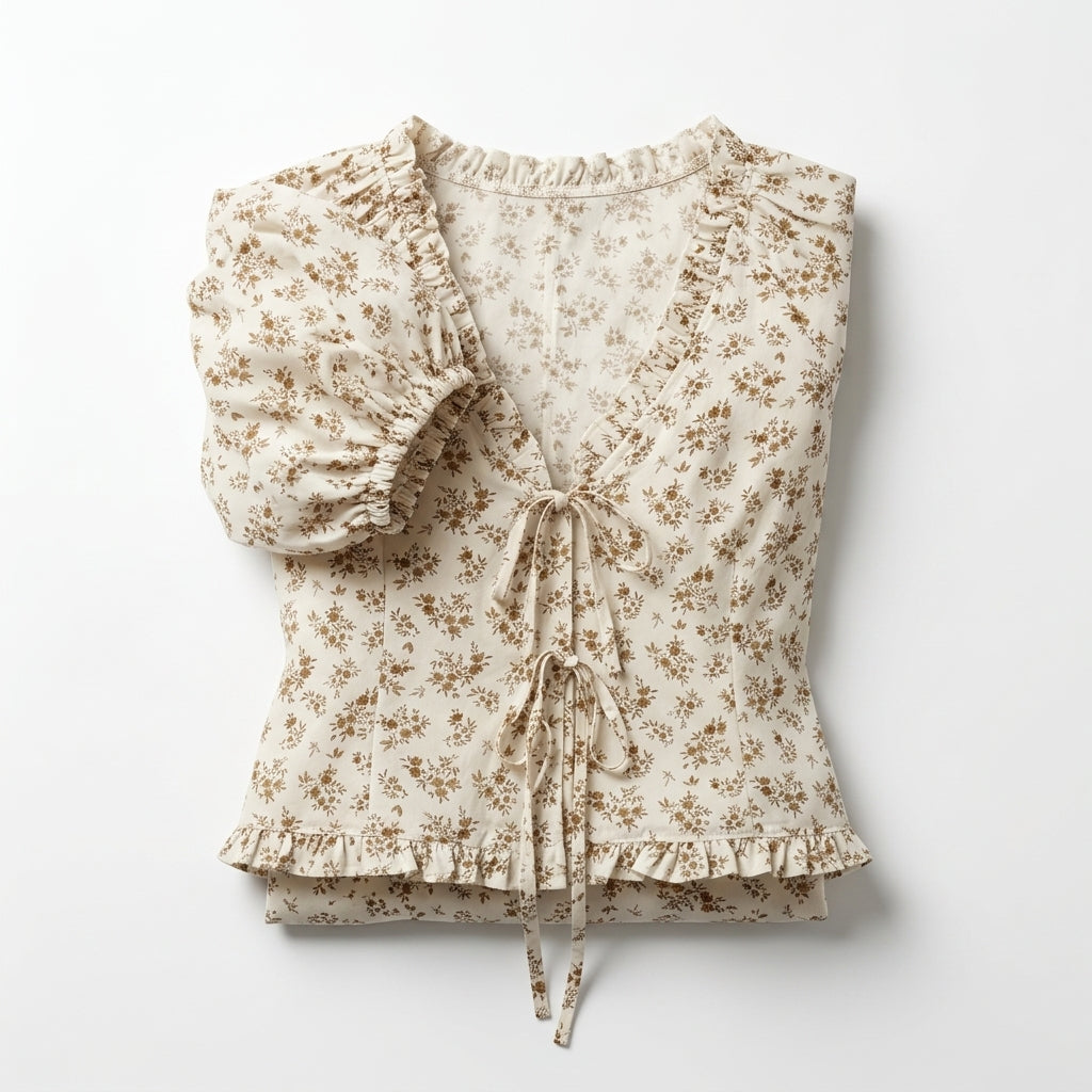 Floral Tie Front Blouse With Puff Sleeves
