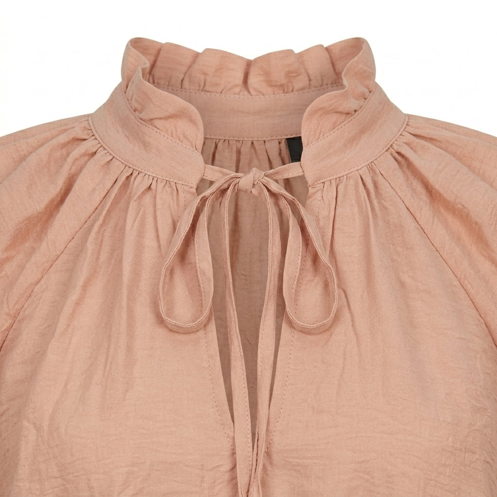Casual Women Tie Neck Long Sleeve Peasant Blouse Semon