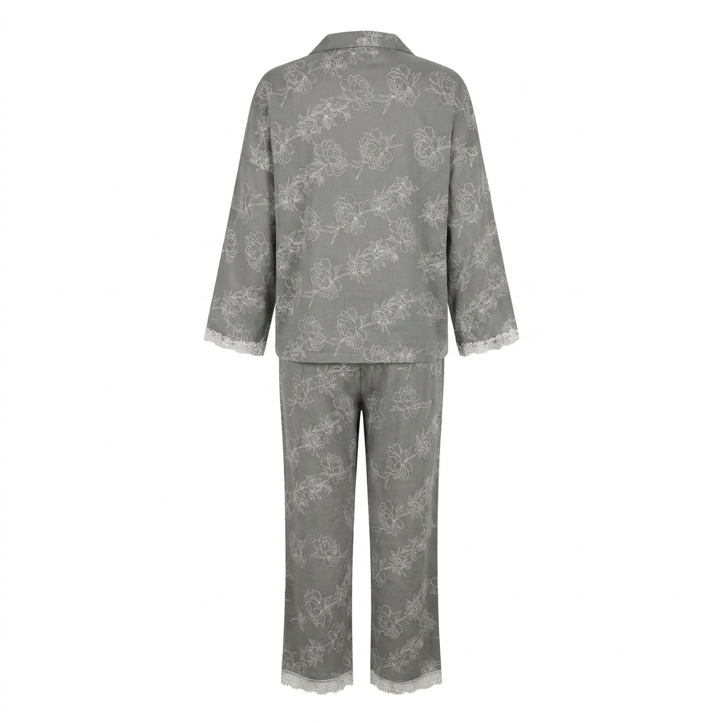Women Floral Print Lace Trim Pajama Set