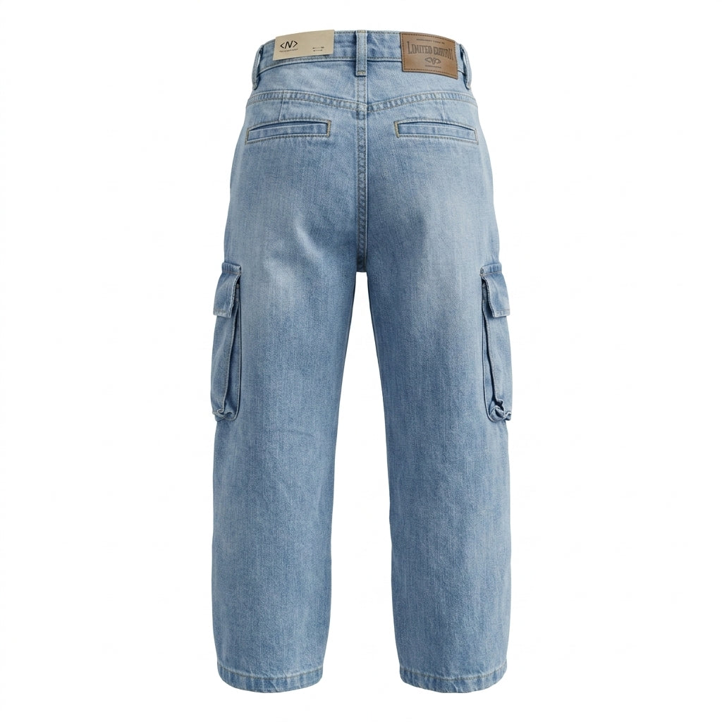 Girls Wide Leg Cargo Jeans Wash