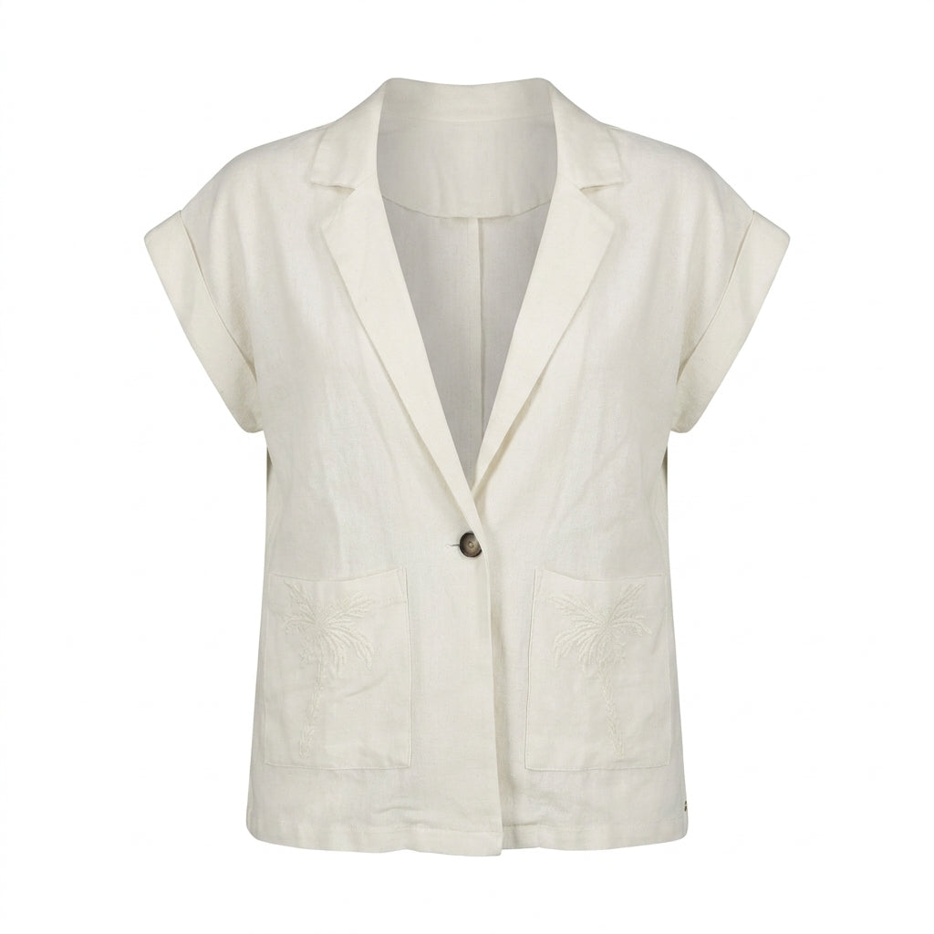 Women Short Sleeve Button Front Blouse With Embroidered Pockets