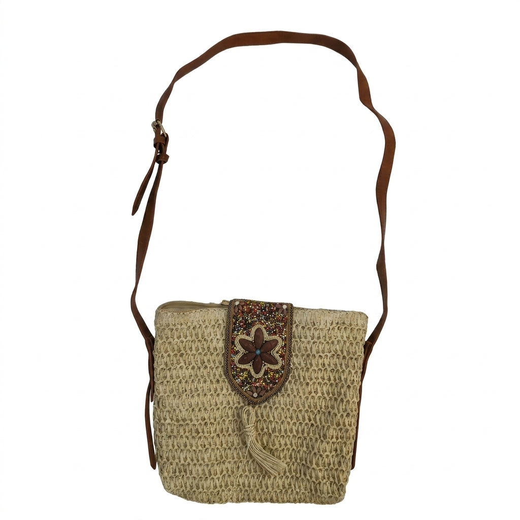 Woven Straw Crossbody Bag With Beaded Floral Flap