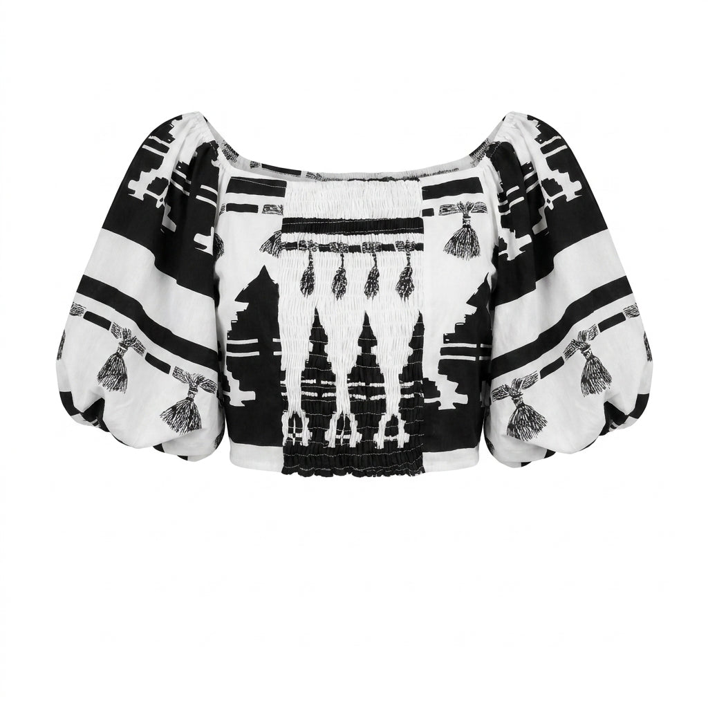 Women Printed Puff Sleeve Crop Blouse