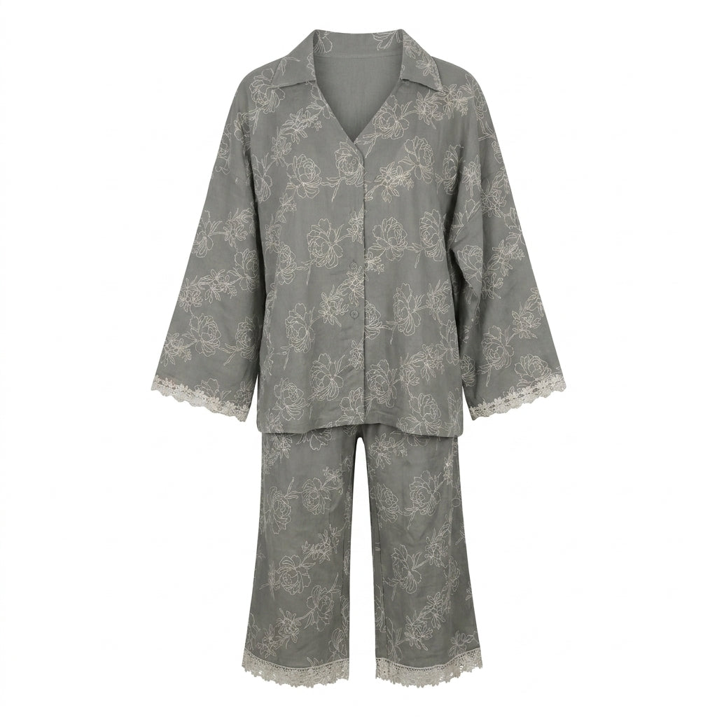 Women Floral Print Lace Trim Pajama Set