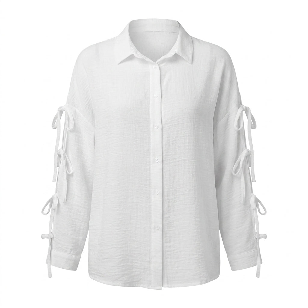 Women Tie Sleeve Button Front Blouse