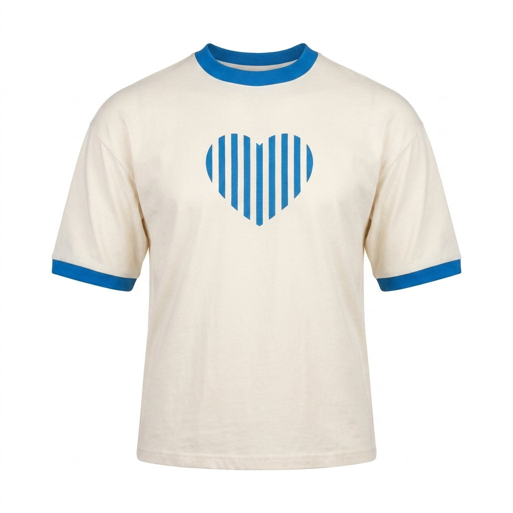 Casual Heart Print Contrast Trim Short Sleeve T Shirt