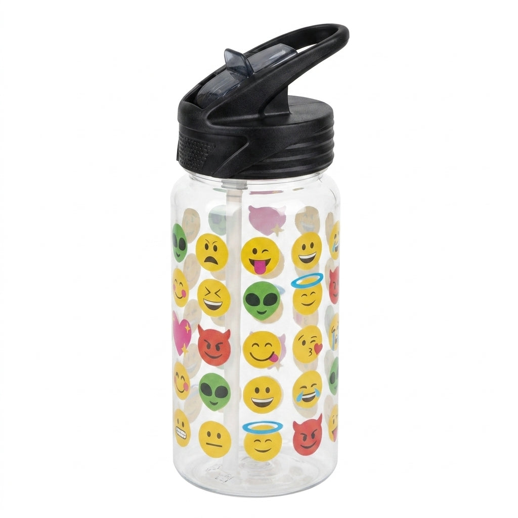 Emoji Print Plastic Water Bottle With Straw