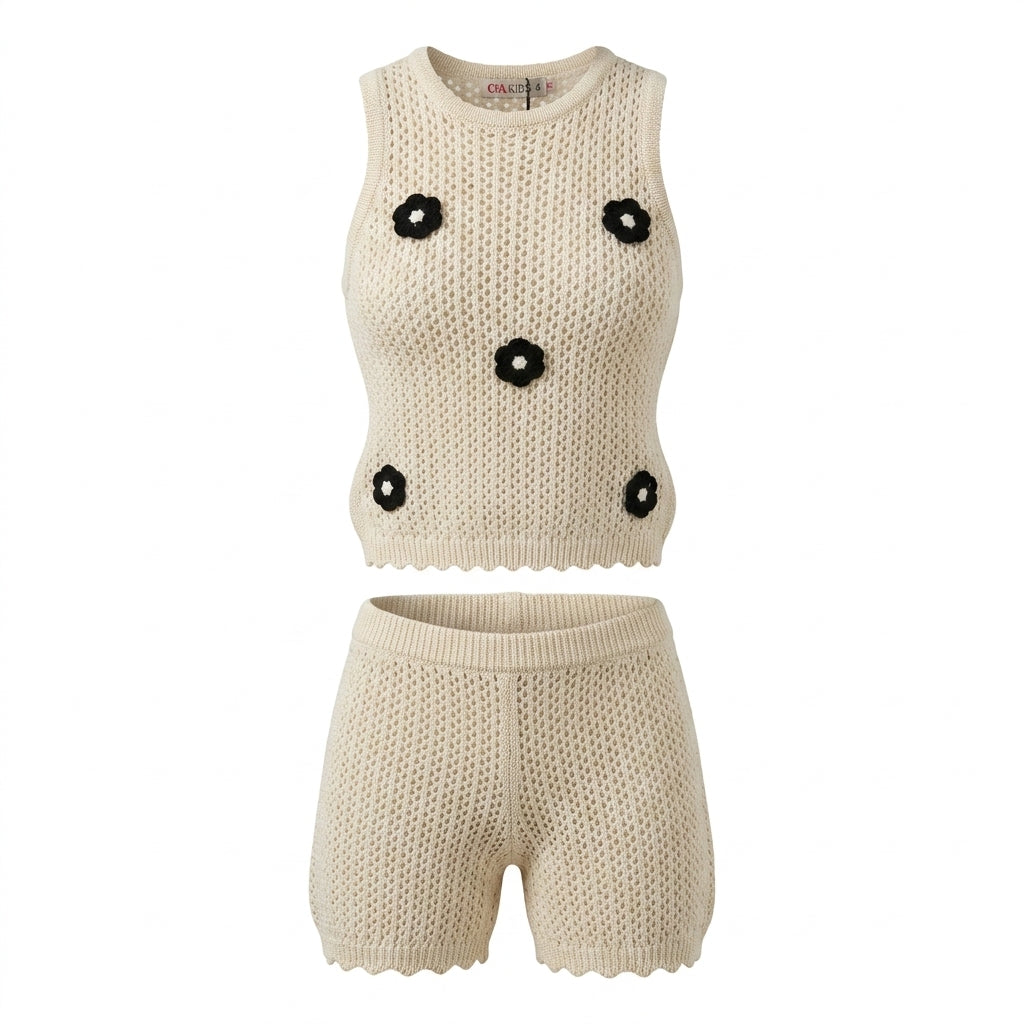 Girls Knitted Sleeveless Top And Pants Set With Floral Appliqués