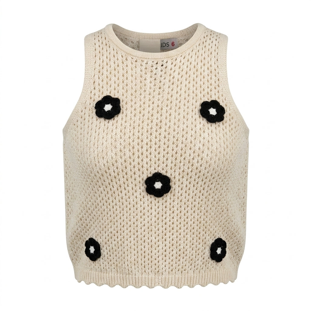 Girls Knitted Sleeveless Top And Pants Set With Floral Appliqués