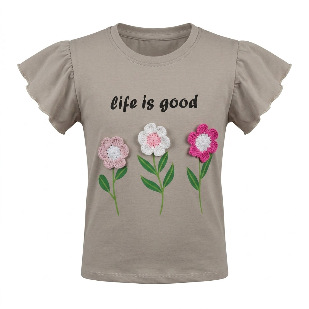 Girls Short Sleeve Graphic T Shirt With 3D Floral Appliqués