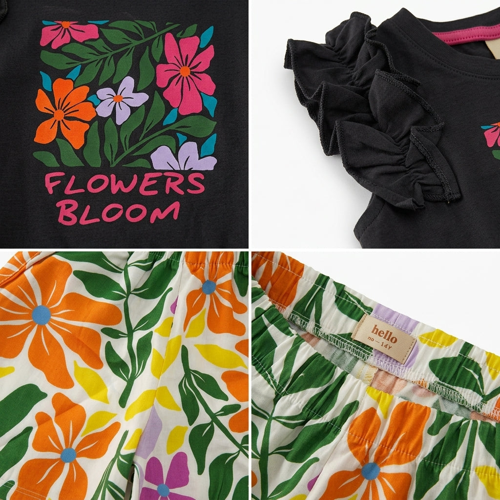 Girls Flowers Bloom Top And Floral Shorts Set
